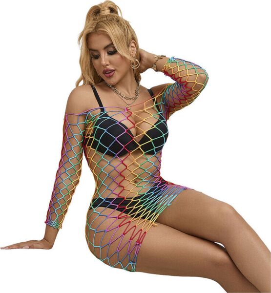 Vestido de rejilla de manga larga Subblime con estampado arcoíris multicolor