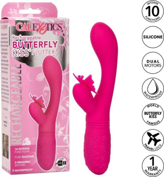 Vibrador CalExotics Butterfly Kiss Flutter rosa, con el brazo para el punto G y la mariposa