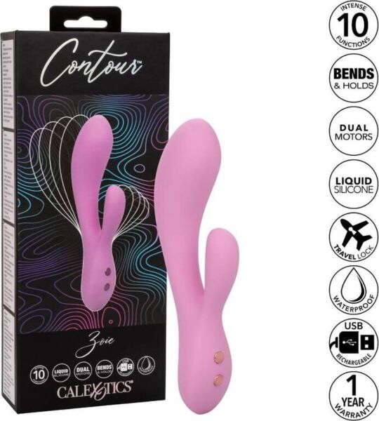 Vibrador rabbit CalExotics Contour Zoie, con su brazo curvo y su estimulador de clítoris