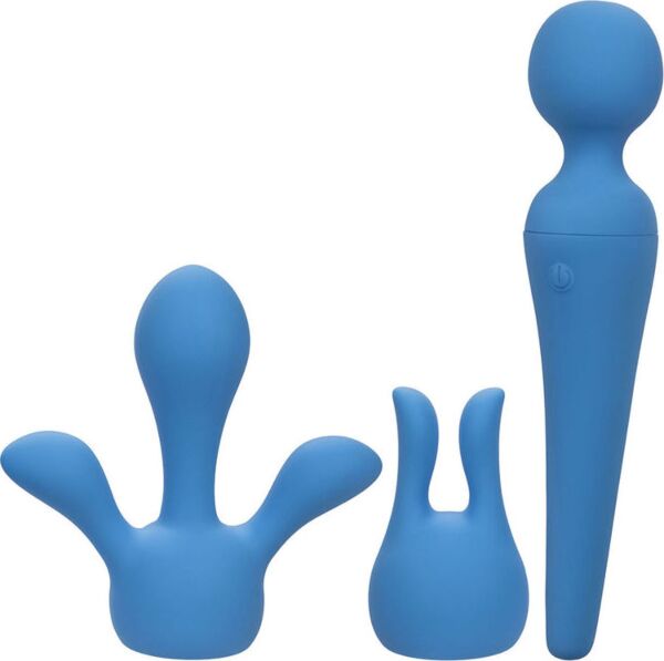 Varita masajeadora Couture Collection Body Wand Kit de CalExotics, azul, con sus dos cabezales
