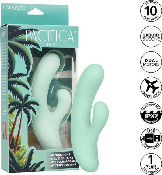 Vibrador punto G CalExotics Pacifica Fiji de silicona transparente verde, con eje curvo y segundo estimulador