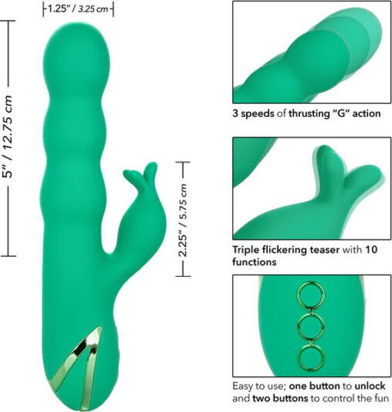 Vibrador punto G CalExotics Sonoma Satisfier Green, con su eje y su teaser externo