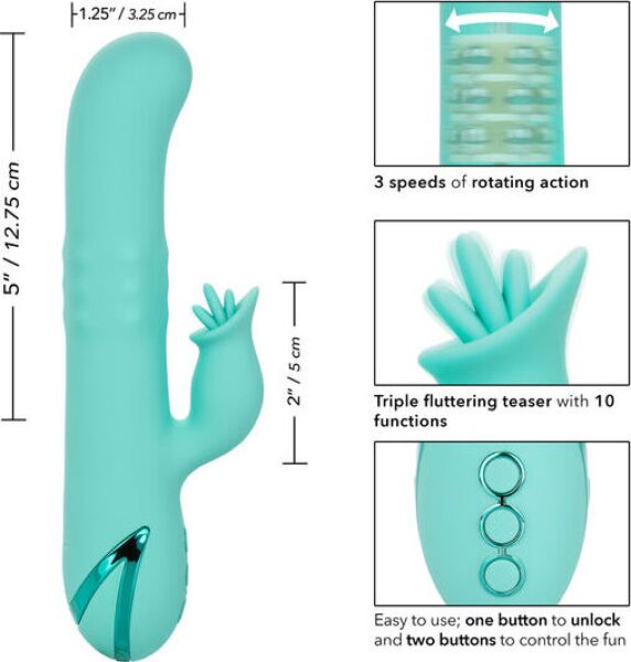 Vibrador rabbit CalExotics Bel Air Bombshell, con su eje giratorio y su estimulador externo
