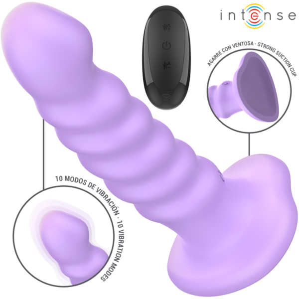 Vibrador Intense Brenda de color morado, con base de ventosa y mando a distancia