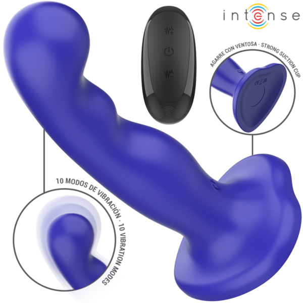 Vibrador Intense Shorty azul con relieve de cuencas y ventosa en la base