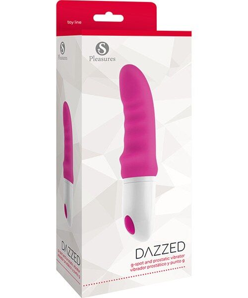 Vibrador S Pleasures Dazzed Pink en rosa y blanco, con su eje ondulado