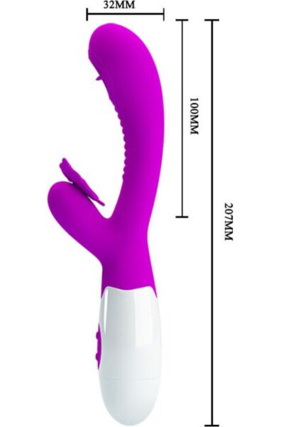 Vibrador rabbit Pretty Love BI-014943, con su cabezal y su estimulador de clítoris en forma de mariposa