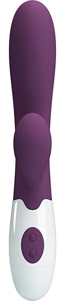 Vibrador rabbit Party Up Ben en color lila, con su eje curvado y el brazo de conejo para el clítoris