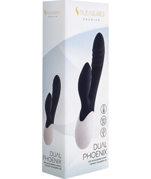 Vibrador rabbit S Pleasures Dual Phoenix en negro, con su brazo para el clítoris