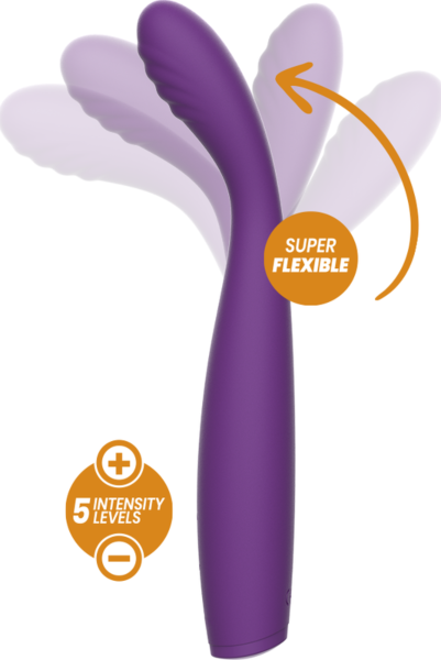 Vibrador flexible Rewolution Rewostim de silicona, con su mango y su punta curva