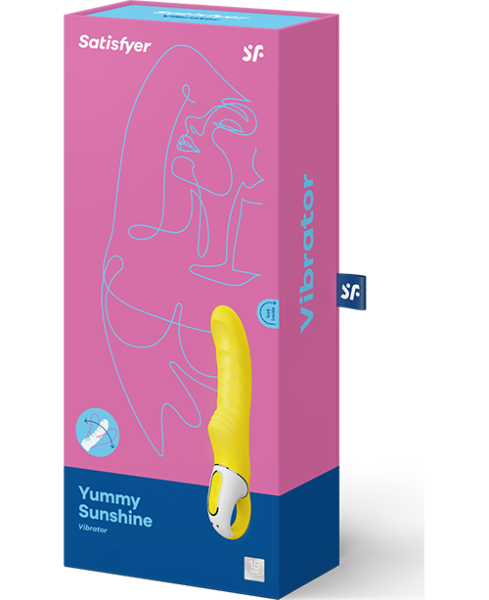 Vibrador punto G Satisfyer Yummy Sunshine, de color amarillo, curvado y con superficie acanalada
