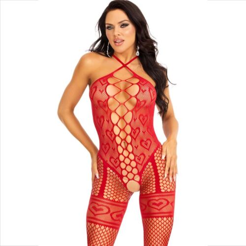 Bodystocking Leg Avenue con cuello halter y corazones