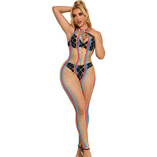 Bodystocking SUBBLIME con malla arcoíris y cuello halter