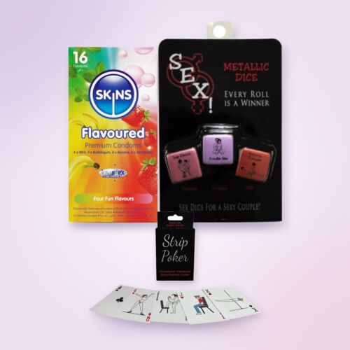 Kit de amigo invisible de broma: strip póker, dados y preservativos