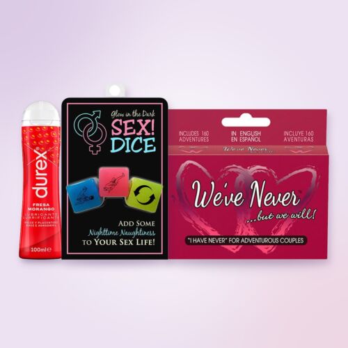 Kit de amigo invisible picante con cartas, dados y lubricante de fresa