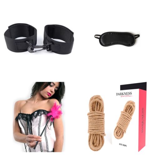 Kit bondage suave para principiantes con esposas, antifaz, fusta y cuerda