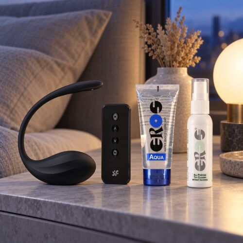 Kit de vibrador ponible con app para parejas a distancia – escena de ambiente (imagen generada con IA)