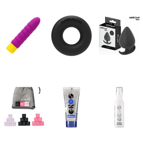 Kit de juguetes sexuales básico con bala, anillo, plug y dados