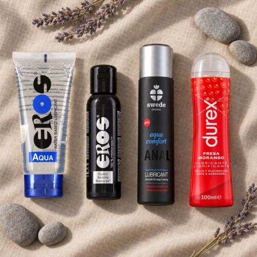 Kit de lubricantes a base de agua, silicona, anal y sabor – escena de ambiente (imagen generada con IA)