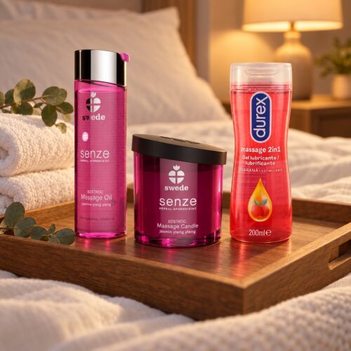 Kit de masaje erótico con aceite, vela y gel 2 en 1 – escena de ambiente (imagen generada con IA)