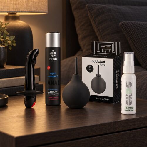 Kit de próstata para principiantes con vibrador de base ancha – escena de ambiente (imagen generada con IA)