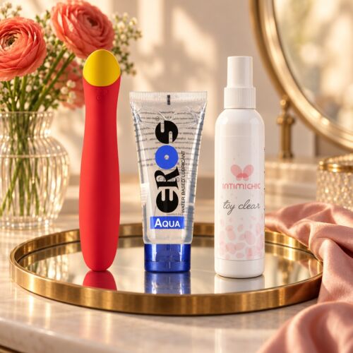 Kit para el punto G con vibrador ROMP Hype y lubricante – escena de ambiente (imagen generada con IA)