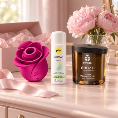 Kit regalo para ella con Satisfyer Pro 2 y vela de masaje – escena de ambiente (imagen generada con IA)