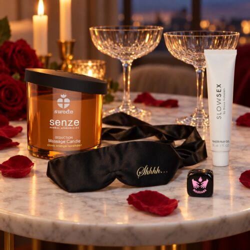 Kit regalo romántico para San Valentín, aniversario y Navidad – escena de ambiente (imagen generada con IA)