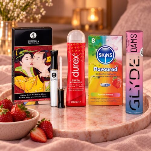 Kit de sexo oral con gloss, lubricante y preservativos de sabores – escena de ambiente (imagen generada con IA)