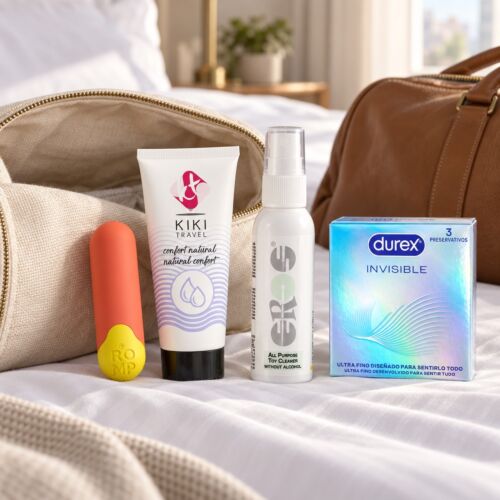 Kit de viaje discreto con bala vibradora y lubricante – escena de ambiente (imagen generada con IA)