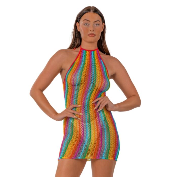 Vestido Sexy Lace Rainbow Halter Neck Vestido Sexy Lace Rainbow Halter Neck