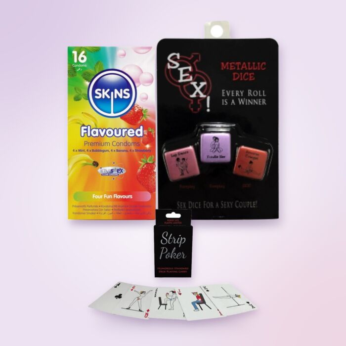 Kit de amigo invisible de broma: strip póker, dados y preservativos