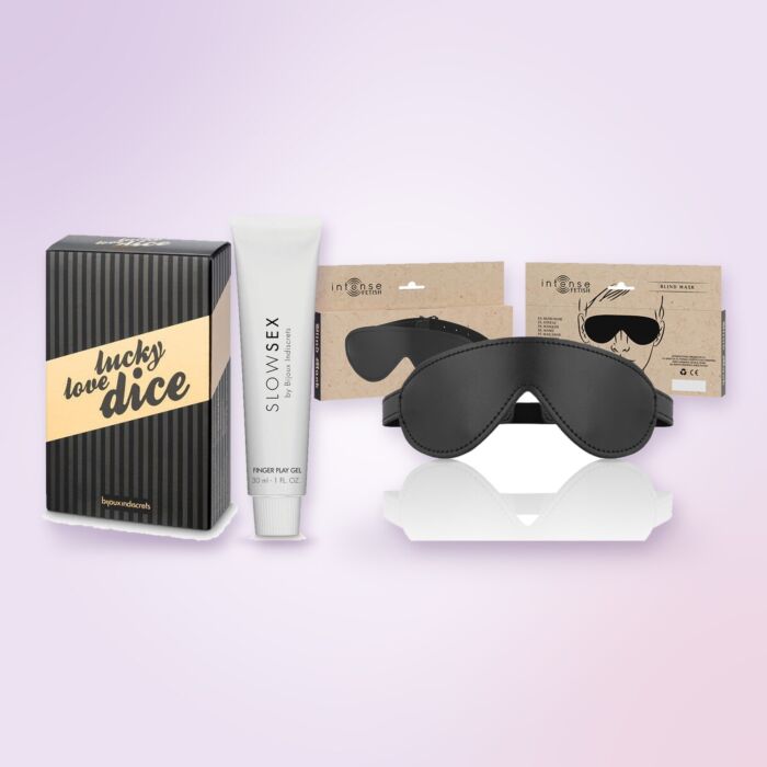 Kit de amigo invisible de masaje con gel besable, antifaz y dados