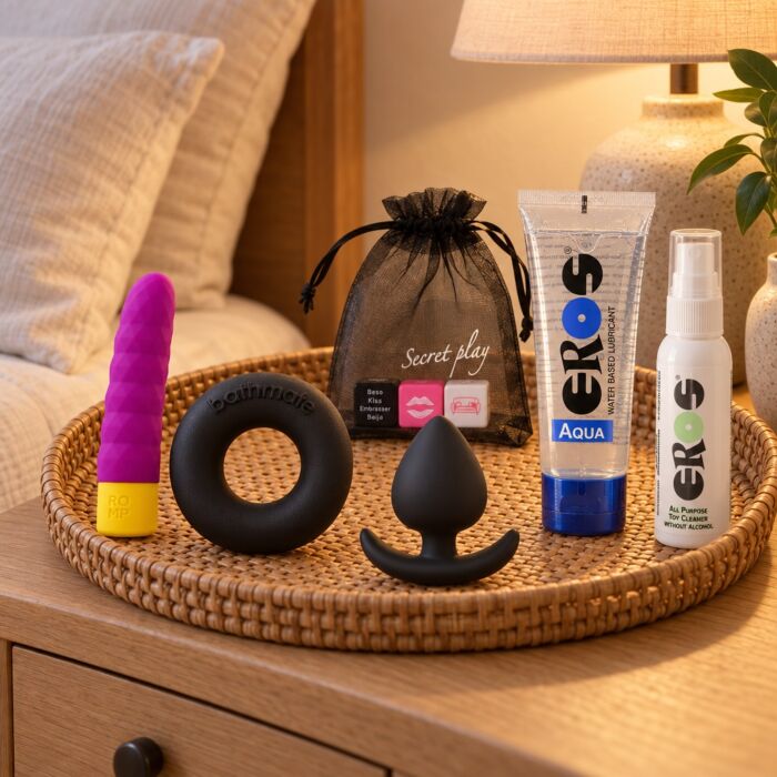 Kit de juguetes sexuales básico con bala, anillo, plug y dados – escena de ambiente (imagen generada con IA) Kit de juguetes sexuales básico con bala, anillo, plug y dados – escena de ambiente (imagen generada con IA)