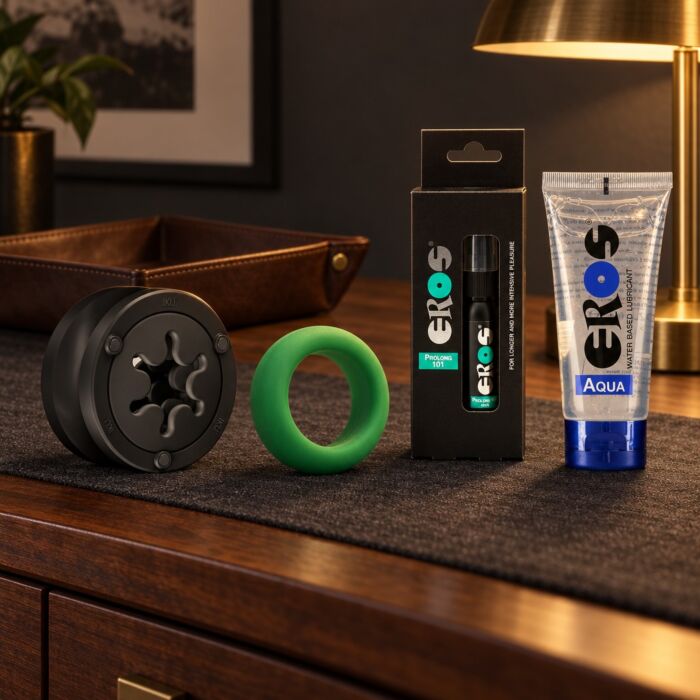 Kit masculino con masturbador reutilizable Fun Factory, anillo y spray – escena de ambiente (imagen generada con IA)