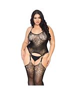 Bodystocking de encaje sin costuras con liguero - negro