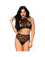 Leg avenue conjunto top y braguita alta encaje - negro