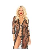 Bata larga de encaje con tanga - negro