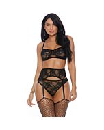 Lace me down bra conjunto con liguero negro