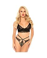 Conjunto lace bralette con tanga de tiras - negro