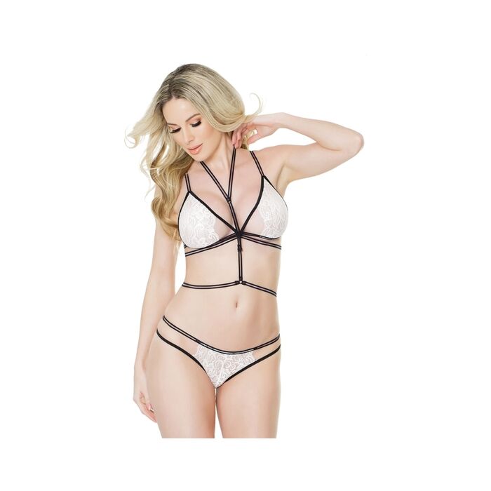 Conjunto encaje, bragas y arnes - negro y blanco