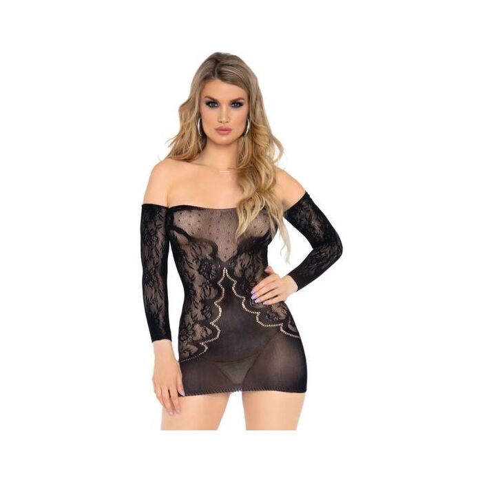 Mini vestido de encaje de manga larga - negro