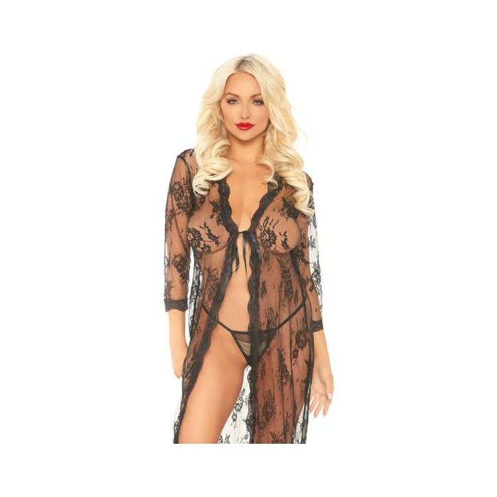 Bata larga de encaje con tanga - negro