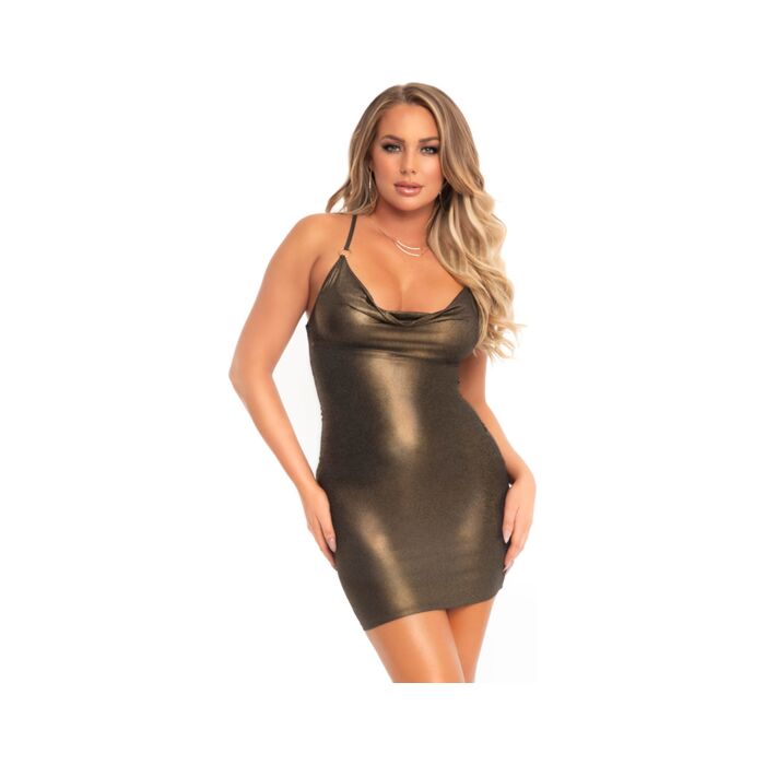 Vestido brillante con escote drapeado - dorado