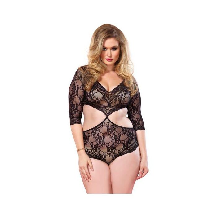 Leg avenue teddy encaje floral con escote profundo simulando dos piezas plus negro