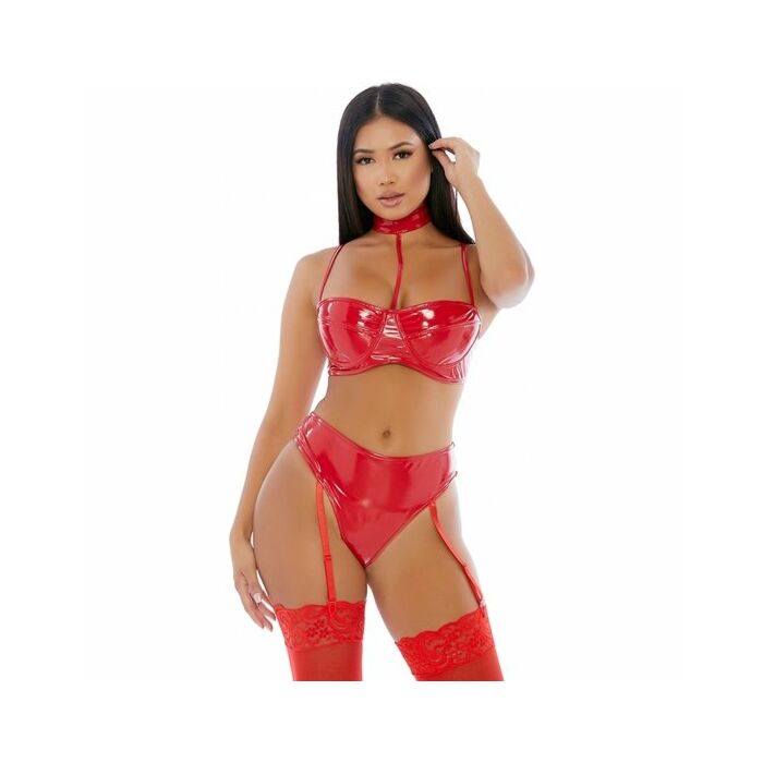 Conjunto de lencería de vinilo con cuello rojo