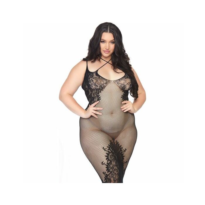 Vestido de red con aberturas y encaje - negro