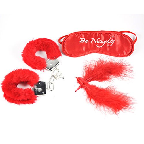 Be naughty set esposas antifaz y pluma