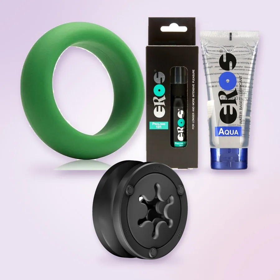El masturbador Fun Factory IKU FLEX, el anillo Je Joue, el espray Eros Prolong 101 y el lubricante EROS Aqua