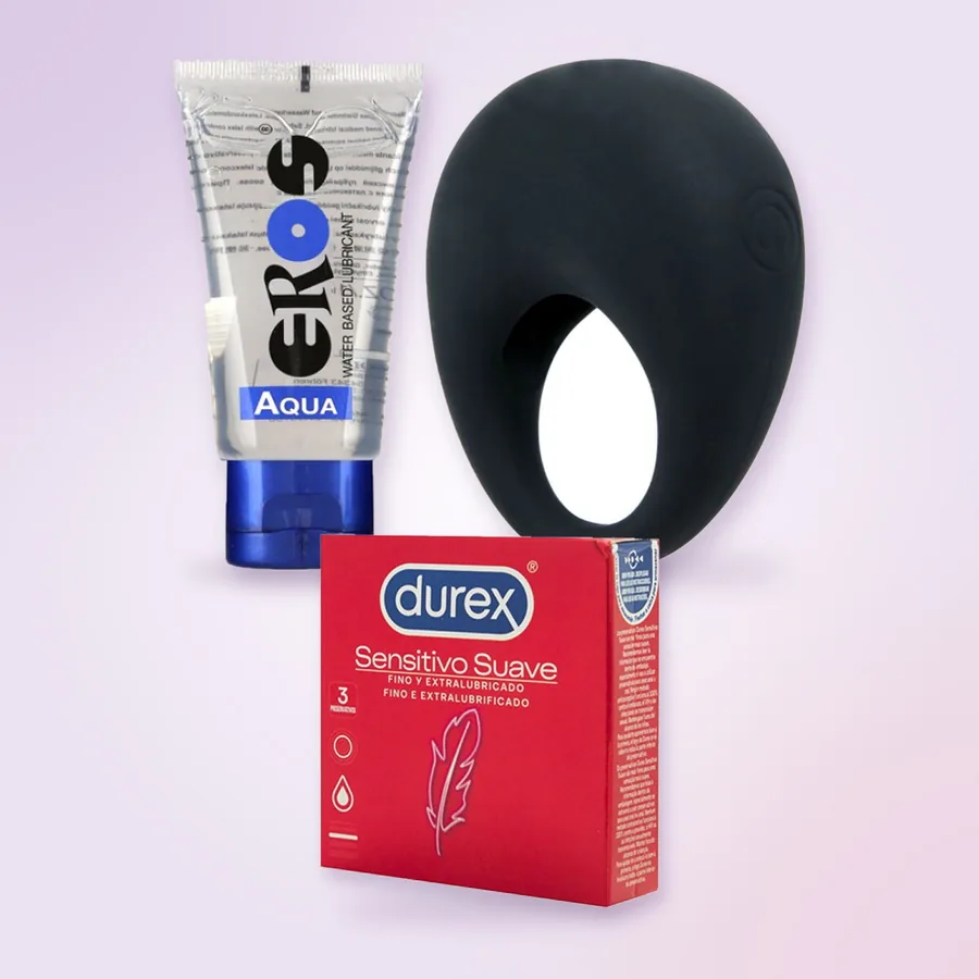 El anillo vibrador Pretty Love Trap, la caja de Durex Sensitivo Suave y el lubricante EROS Aqua
